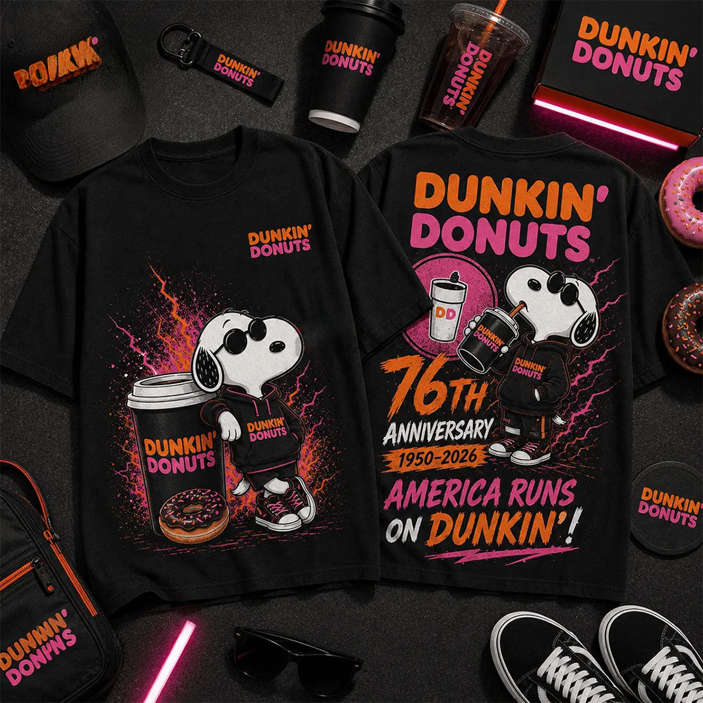 Dunkin Donuts x Snoopy 76th Anniversary Black T-Shirt Funny Snoopy Shirt Gifts For BFF