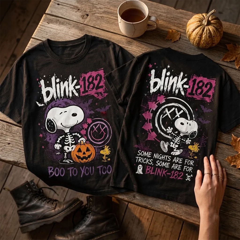 Blink-182 x Snoopy Skeleton Halloween Black T-Shirt Blink-182 Merch Gifts For Halloween_