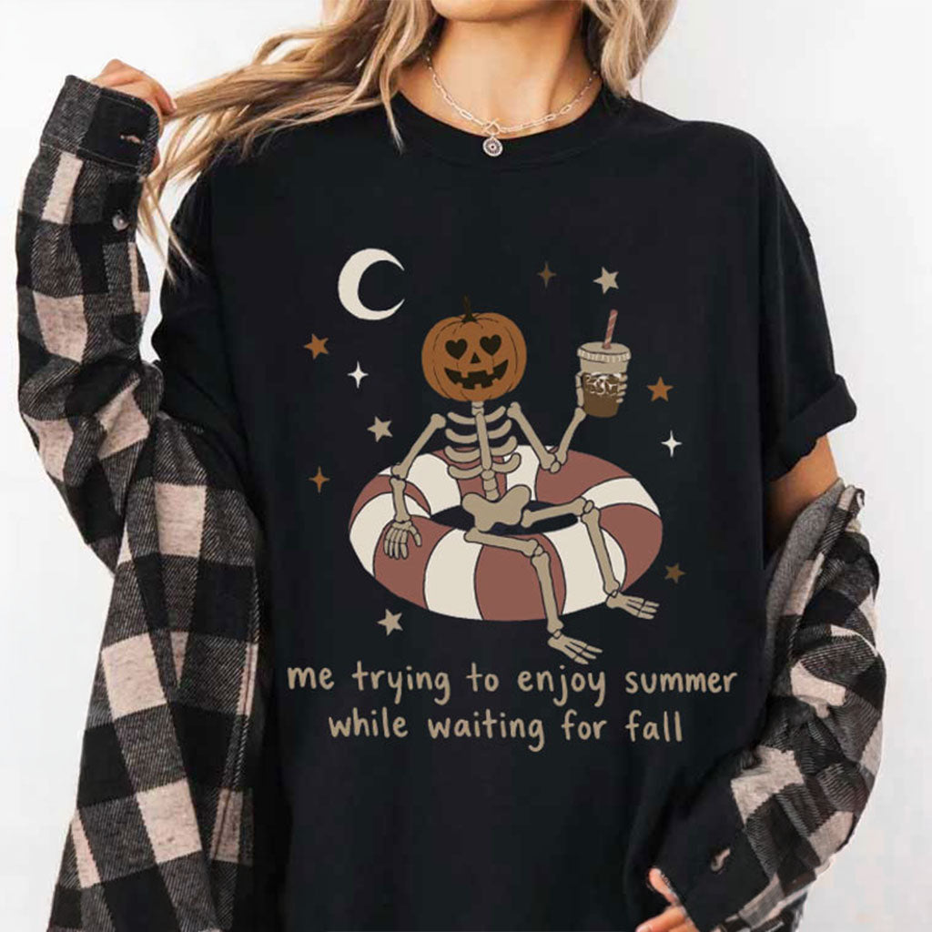 Me Trying To Enjoy Summer While Waiting For Fall T-Shirt Summerween Skeleton Shirt Best Gifts