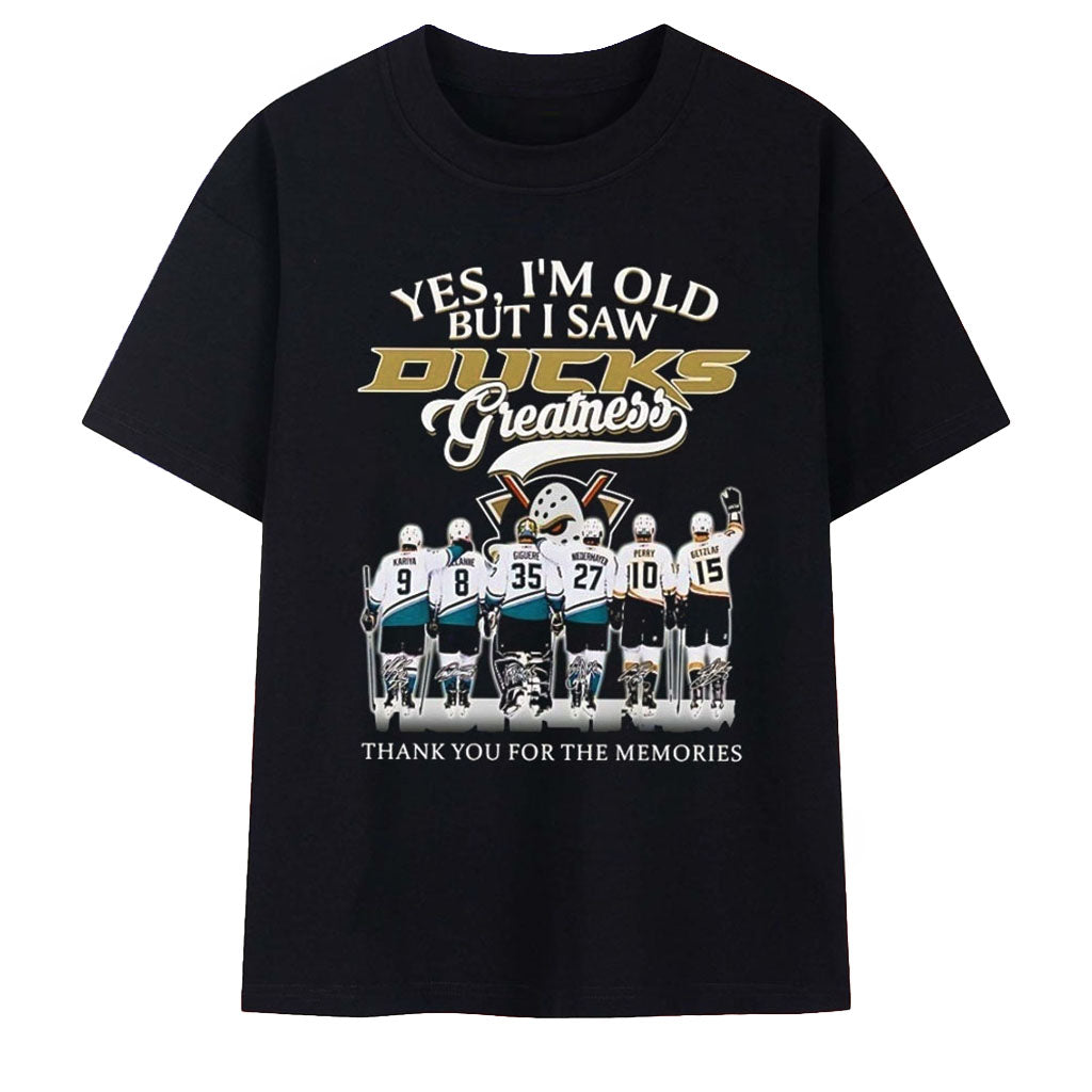 Anaheim Ducks Merch Greatness Kariya Selanne Giguere Niedermayer Perry Getzlaf Signature Shirt