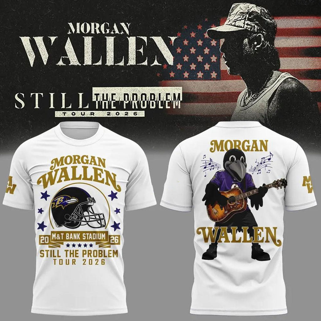 Morgan Wallen X Baltimore Ravens Merch Still The Problem Tour 2026 T-Shirt White Gift For Fans