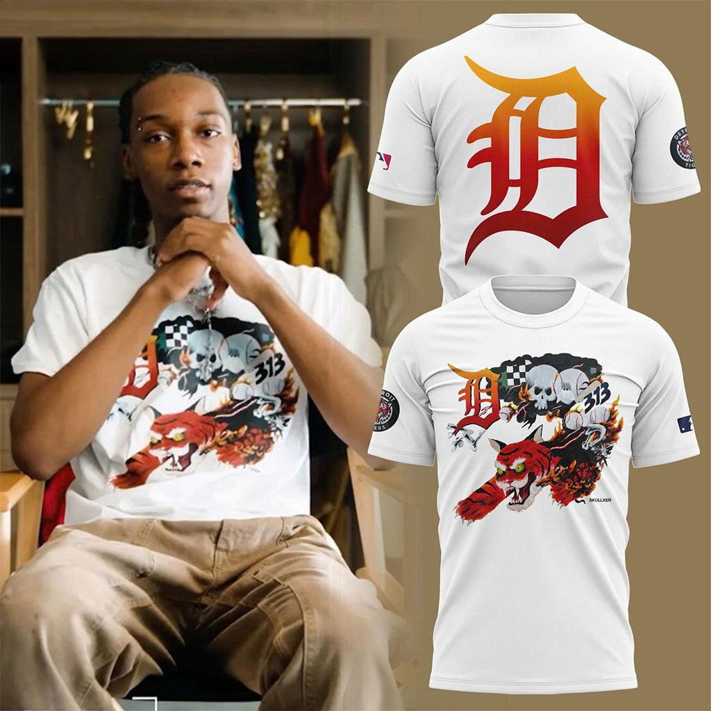 Detroit Tigers Skull Tiger White T-Shirt With Large Orange D Logo Tee Detroit Tigers Merch 2026