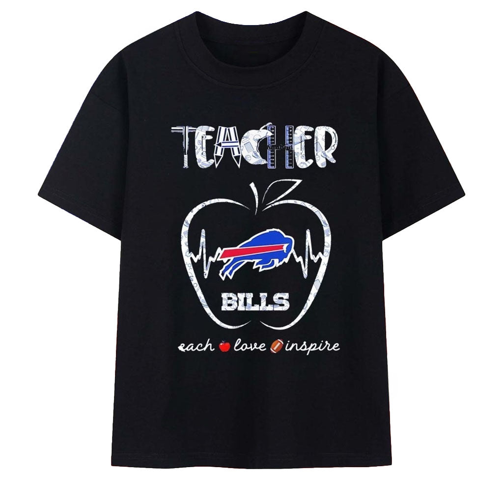 Buffalo Bills X Teacher Teach Love Inspire T-Shirt 2026 Buffalo Bills Merch Football Fan Gifts