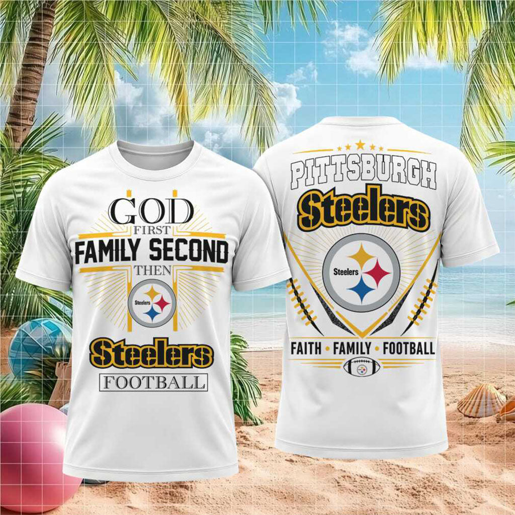 Pittsburgh Steelers God First Family Second Faith Football Shirt Steelers Merch Religious Gifts