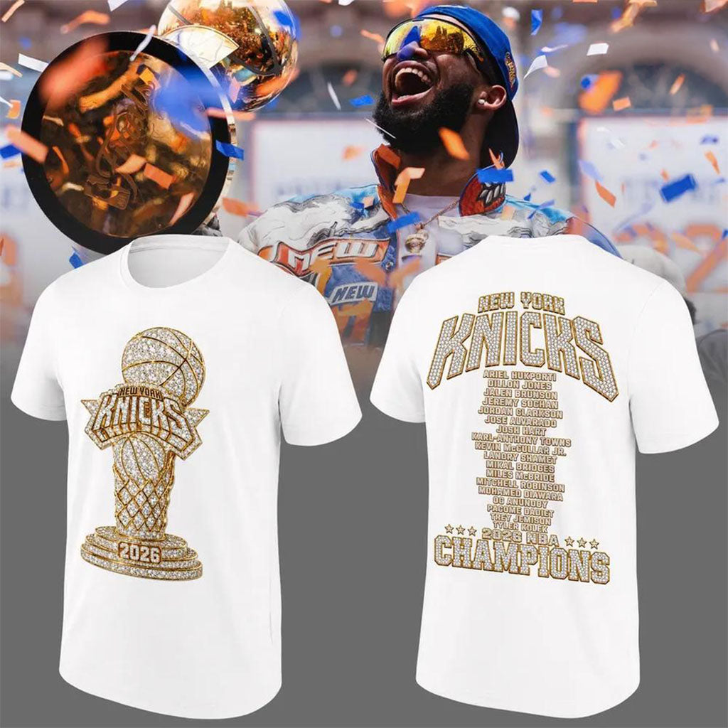 New York Knicks 2026 Champions T-Shirt White Gold Trophy Shirt Knicks Merch Basketball Fan Gift