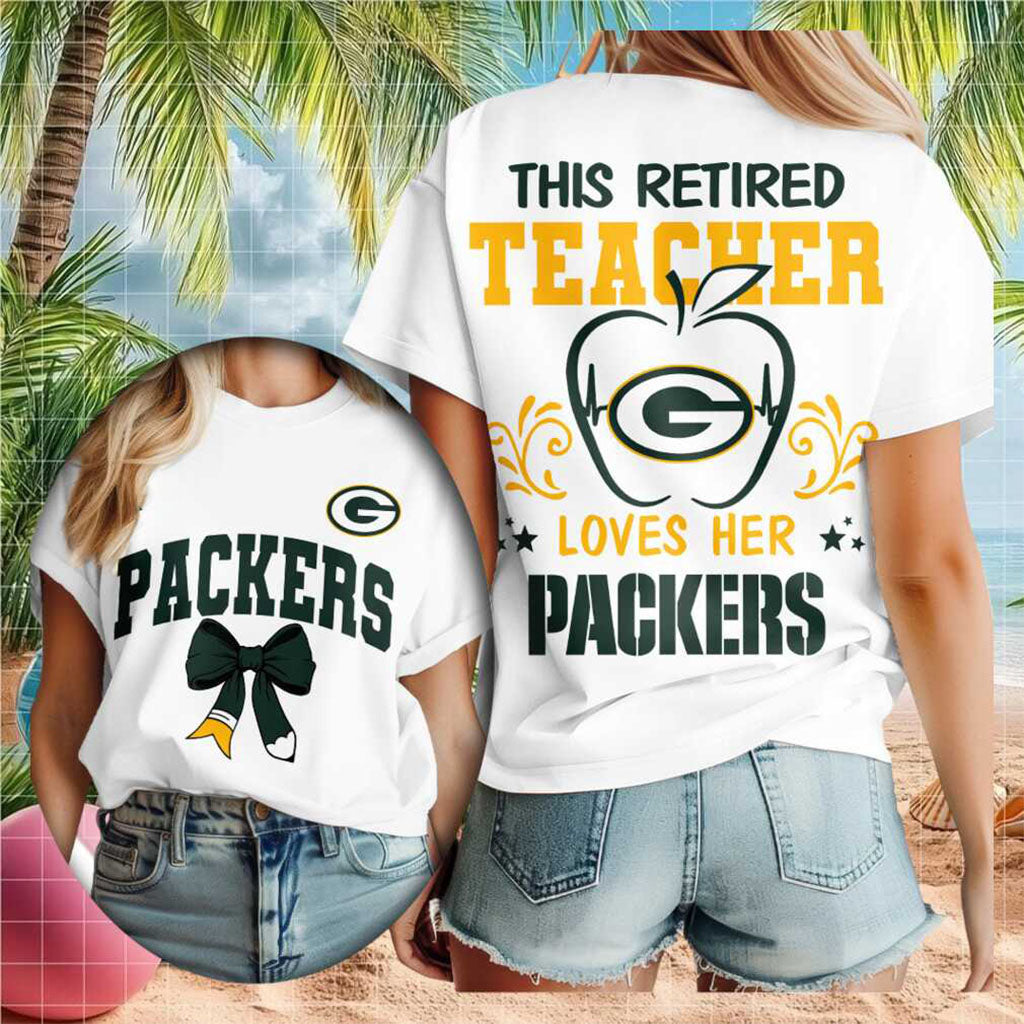 Green Bay Packers Retired Teacher Apple Bow Shirt Packers Merch Teacher Appreciation Gift Ideas