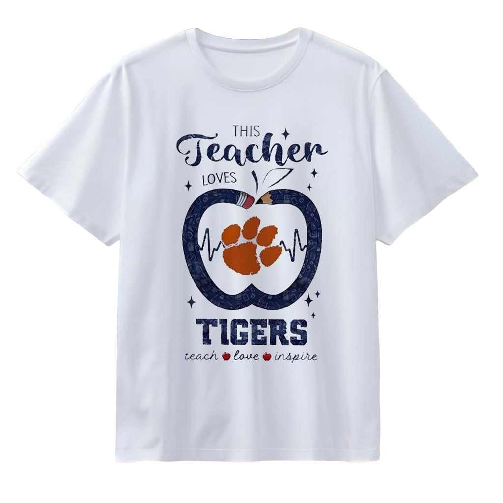 This Teacher Loves Tigers Teach Love Inspire Clemson Paw T-Shirt Detroit Tigers Merch Gifts